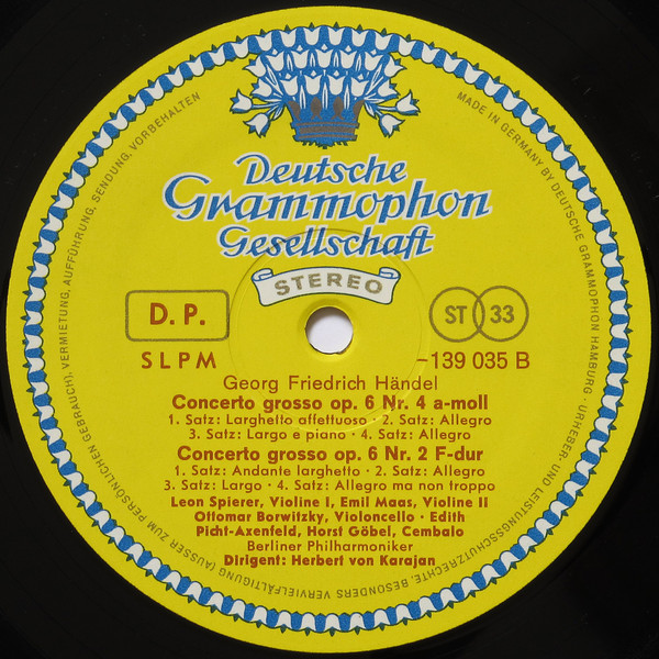 Georg Friedrich Händel , Berliner Philharmoniker , Herbert von Karajan - Concerti Grossi Op. 6 Nr. 2, 4 & 6 | Deutsche Grammophon (139 035 SLPM) - 3