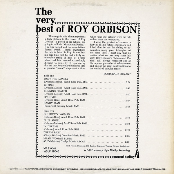 Roy Orbison - The Very Best Of Roy Orbison [Vinyl] | Monument (SLP 18045) - 2