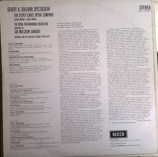 Gilbert & Sullivan - D'oyly Carte Opera Company , Royal Philharmonic Orchestra , Sir Malcolm Sargent - Gilbert & Sullivan Spectacular | Decca (PFS 4097) - 2