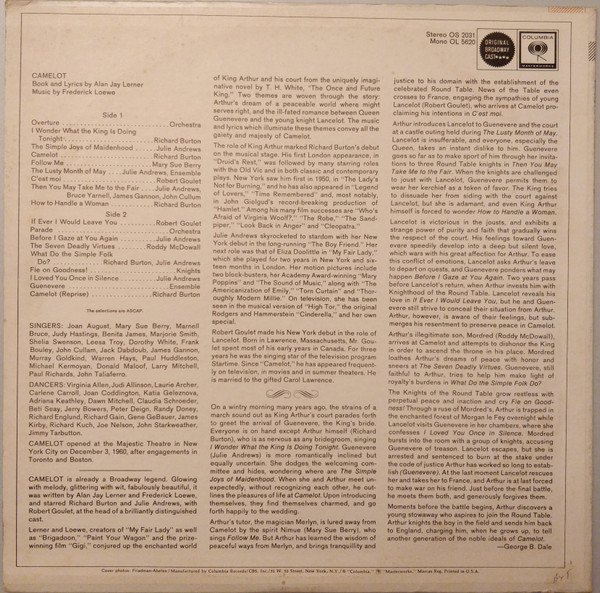 Alan Jay Lerner , Frederick Loewe / Julie Andrews , Richard Burton - Camelot (Original Broadway Cast) | Columbia Masterworks (OS 2031) - 2