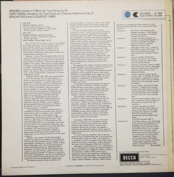 Johannes Brahms / Camille Saint-Saëns , Eden And Tamir - Sonata For Two Pianos / Variations For Two Pianos On A Theme Of Beethoven | Decca (SXL 6303) - 2