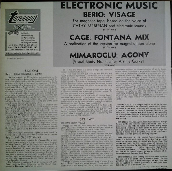 John Cage , Luciano Berio , Ilhan Mimaroglu - Electronic Music | Turnabout (TV 34046S) - 2 John Cage , Luciano Berio , Ilhan Mimaroglu - Electronic Music | Turnabout (TV 34046S) - 2