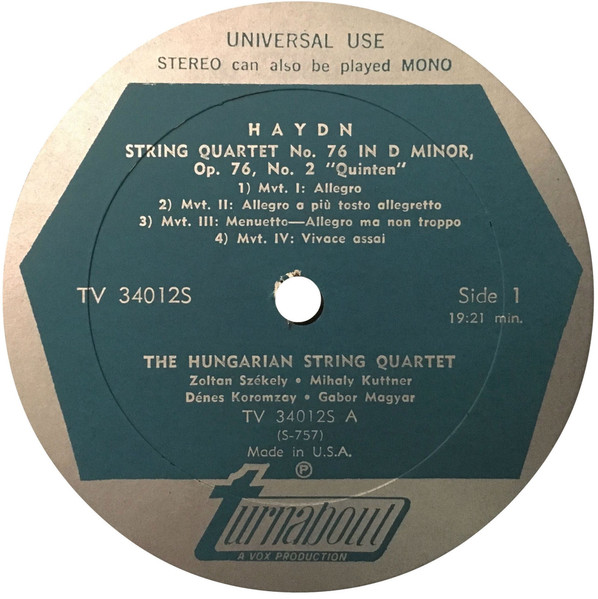 Joseph Haydn , The Hungarian Quartet - String Quartet Op. 76, No. 2 "Quinten" / String Quartet Op. 76, No. 5 | Turnabout (TV 34012S) - 3