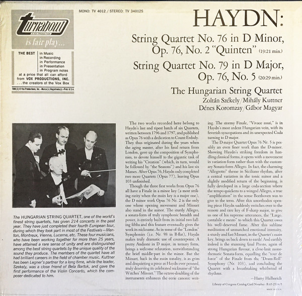 Joseph Haydn , The Hungarian Quartet - String Quartet Op. 76, No. 2 "Quinten" / String Quartet Op. 76, No. 5 | Turnabout (TV 34012S) - 2