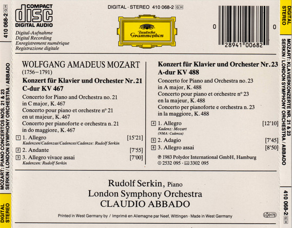 Wolfgang Amadeus Mozart – London Symphony Orchestra - Rudolf Serkin - Claudio Abbado - Klavierkonzerte · Piano Concertos Nos. 21 & 23 | Deutsche Grammophon (410 068-2) - 2
