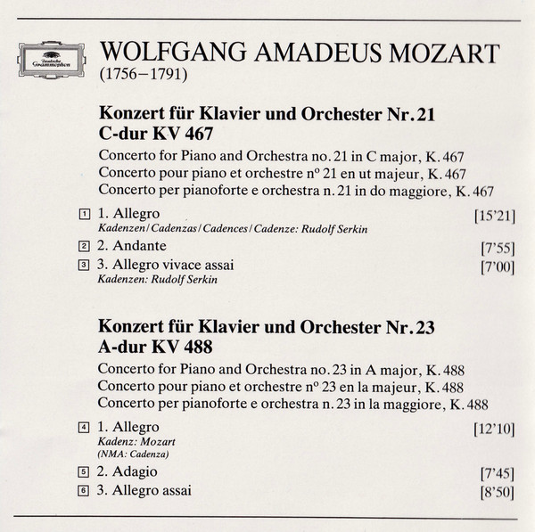 Wolfgang Amadeus Mozart – London Symphony Orchestra - Rudolf Serkin - Claudio Abbado - Klavierkonzerte · Piano Concertos Nos. 21 & 23 | Deutsche Grammophon (410 068-2) - 4