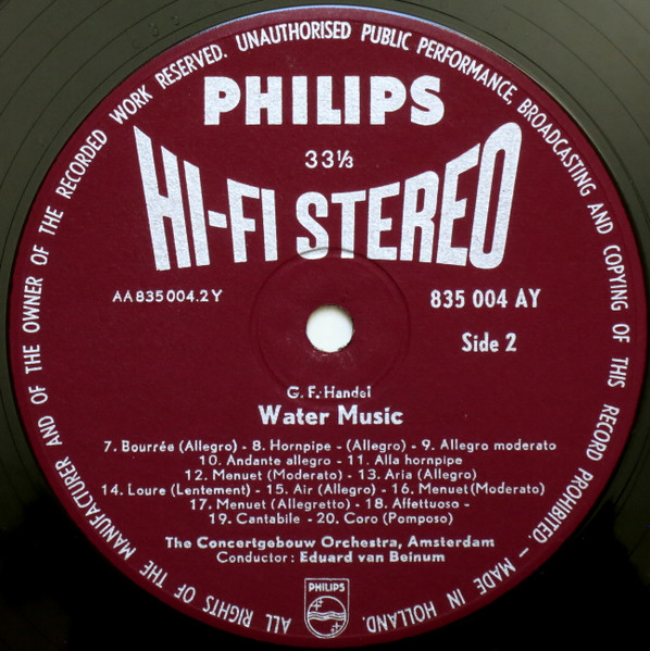 Georg Friedrich Händel – Concertgebouworkest , Eduard van Beinum - Wassermusik (Vollständig) | Philips (835 004 AY) - 4