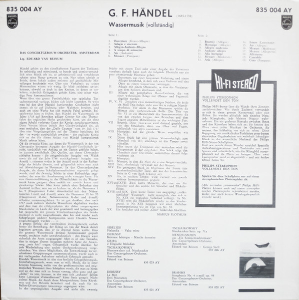 Georg Friedrich Händel – Concertgebouworkest , Eduard van Beinum - Wassermusik (Vollständig) | Philips (835 004 AY) - 2