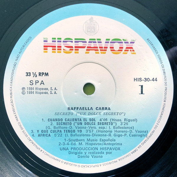 Raffaella Carrà - Secreto ("Un Dolce Segreto") | Hispavox (HIS 30-44) - 3