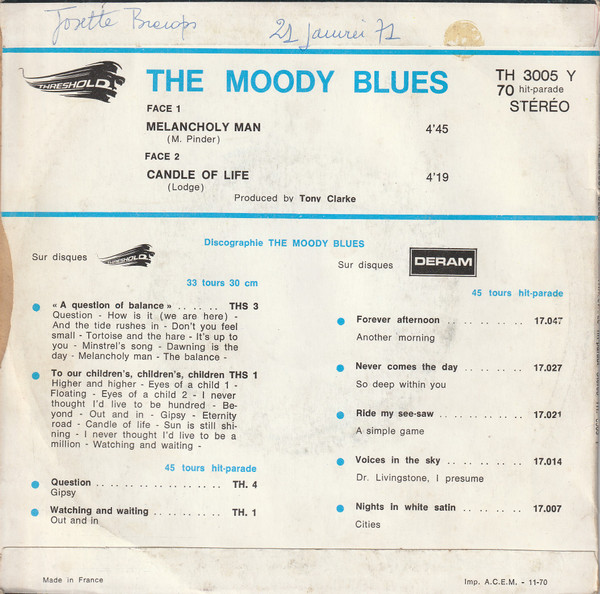 The Moody Blues - Melancholy Man | Threshold (TH 3.005 Y 70) - 2