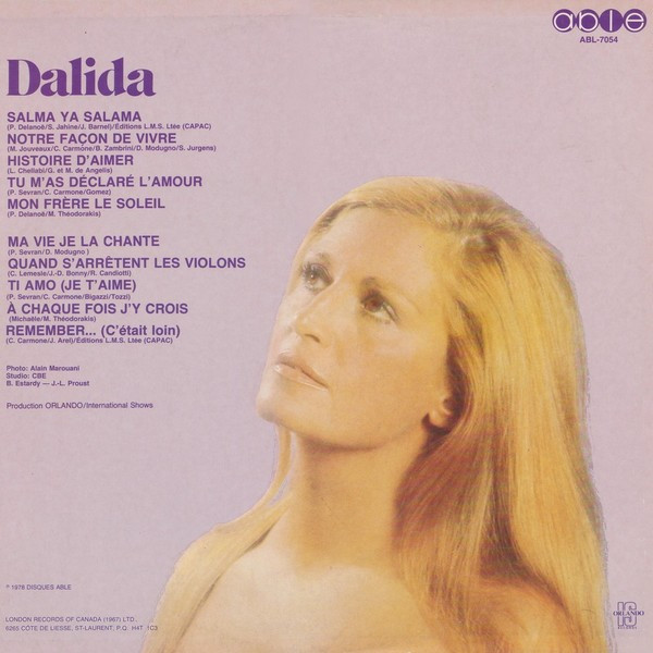Dalida - Salma Ya Salama - Ma Vie Je La Chante | Able (ABL-7054) - 2