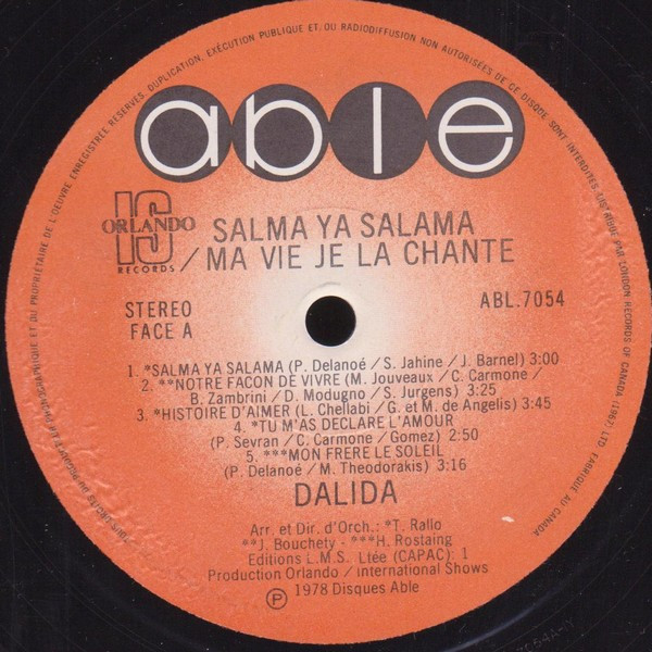 Dalida - Salma Ya Salama - Ma Vie Je La Chante | Able (ABL-7054) - 3