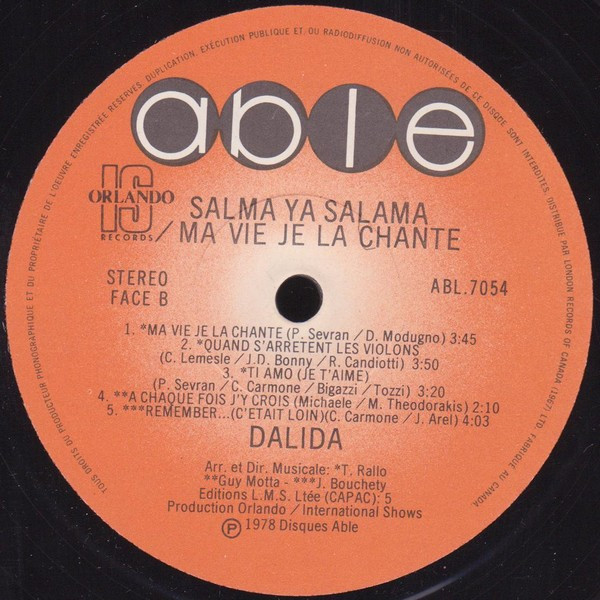 Dalida - Salma Ya Salama - Ma Vie Je La Chante | Able (ABL-7054) - 4