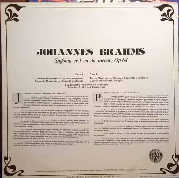 Johannes Brahms / Süddeutsche Philharmonie Dir., Hans Swarowsky - Sinfonia Nº 1 En Do Menor, Op. 68 | Zafiro (ZTV-2) - 2 Johannes Brahms / Süddeutsche Philharmonie Dir., Hans Swarowsky - Sinfonia Nº 1 En Do Menor, Op. 68 | Zafiro (ZTV-2) - 2