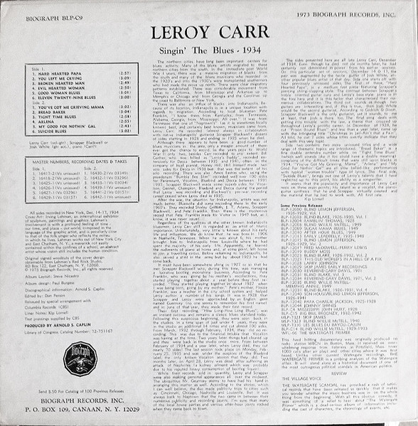 Leroy Carr - Singin' The Blues - 1934 | Biograph (BLP . C9) - 2 Leroy Carr - Singin' The Blues - 1934 | Biograph (BLP . C9) - 2