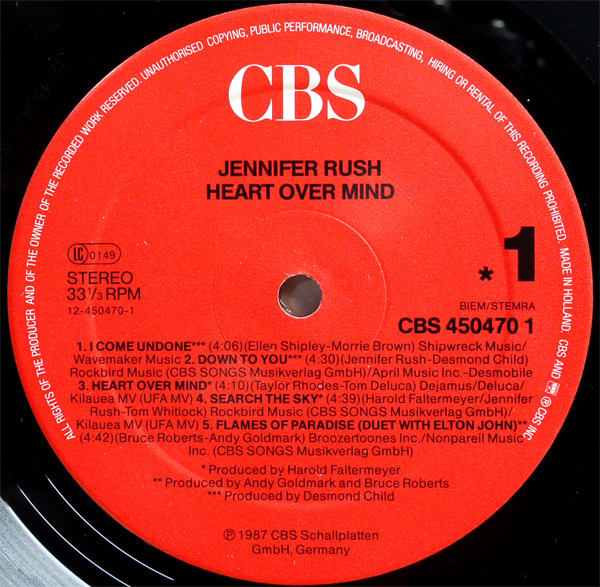 Jennifer Rush - Heart Over Mind | CBS (CBS 450470 1) - 2 Jennifer Rush - Heart Over Mind | CBS (CBS 450470 1) - 2