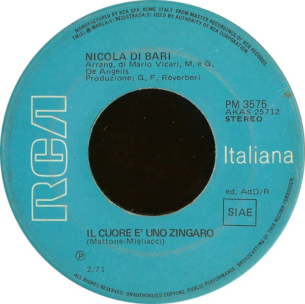Nicola Di Bari - Il Cuore Ѐ  Uno Zingaro / Agnese | RCA Italiana (PM 3575) - 2