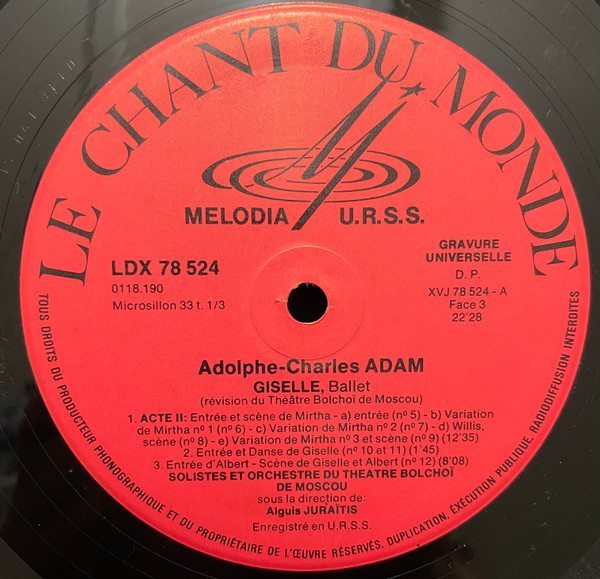 Adolphe C. Adam – Bolshoi Theatre Orchestra , Algis Žiūraitis - Giselle | Melodia / Le Chant Du Monde (LDX 78 523/24) - 3