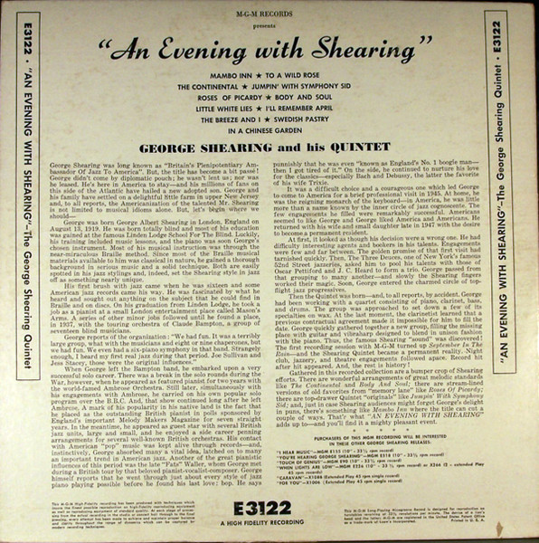 The George Shearing Quintet - An Evening With The George Shearing Quintet | MGM Records (E3122) - 2