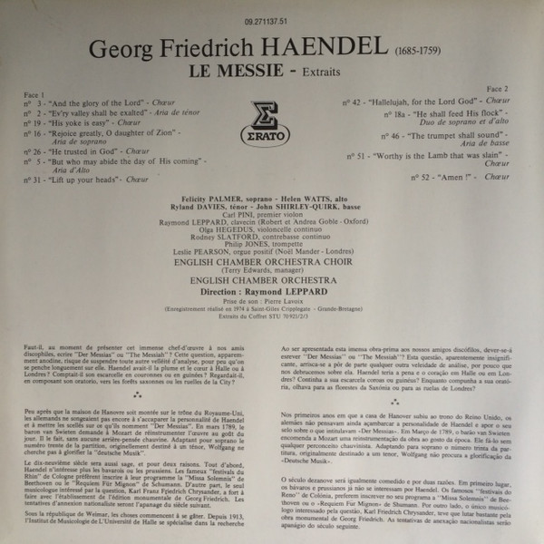 Georg Friedrich Händel , English Chamber Orchestra Choir , English Chamber Orchestra , Raymond Leppard - Le Messie (Extraits) | Erato (09.271137.51) - 2