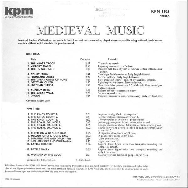 John Leach / Lewis Stern - Medieval Music | KPM Music (KPM 1105)