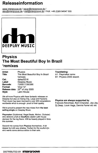 Physics - The Most Beautiful Boy In Brazil (Remixes) | Deeplay Music (dplay022-6)