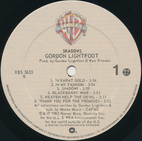 Gordon Lightfoot - Shadows | Warner Bros. Records (XBS 3633) - 3 Gordon Lightfoot - Shadows | Warner Bros. Records (XBS 3633) - 3