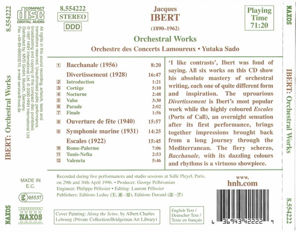 Jacques Ibert – Orchestre Des Concerts Lamoureux , Yutaka Sado - Orchestral Works | Naxos (8.554222) - 2