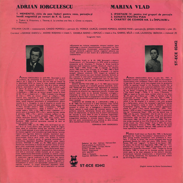 Marina Vlad / Adrian Iorgulescu - String Quartet No.2 / Sonata For Piano / Hypostases IV / Memento | Electrecord (ST-ECE 02442) - 2 Marina Vlad / Adrian Iorgulescu - String Quartet No.2 / Sonata For Piano / Hypostases IV / Memento | Electrecord (ST-ECE 02442) - 2