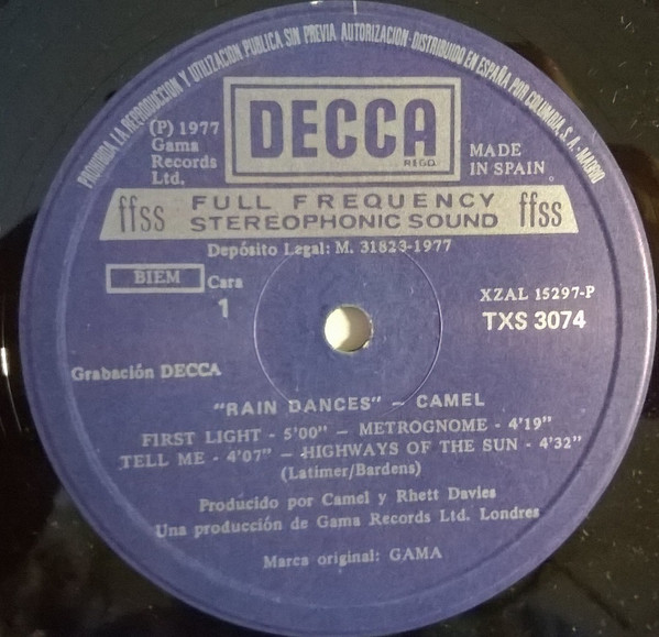 Camel - Rain Dances | Decca (TXS 3074) - main