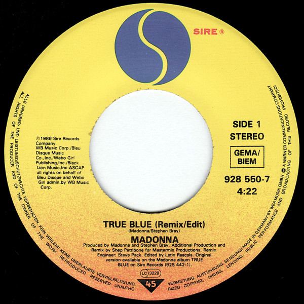 Madonna - True Blue (Remix/Edit) | Sire (928 550-7) - 3