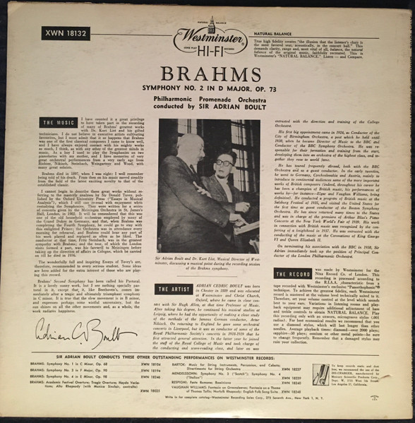 Johannes Brahms - Sir Adrian Boult , The Philharmonic Promenade Orchestra - Symphony No.2 In D Major. Op. 73 | Westminster (XWN 18132) - 2