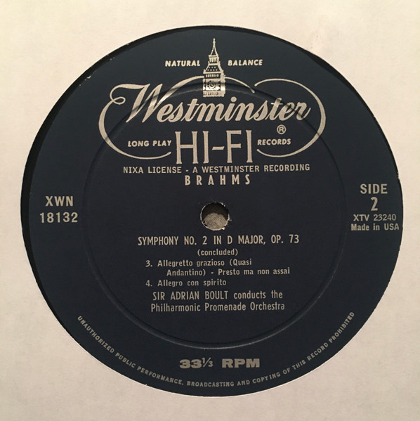 Johannes Brahms - Sir Adrian Boult , The Philharmonic Promenade Orchestra - Symphony No.2 In D Major. Op. 73 | Westminster (XWN 18132) - 4