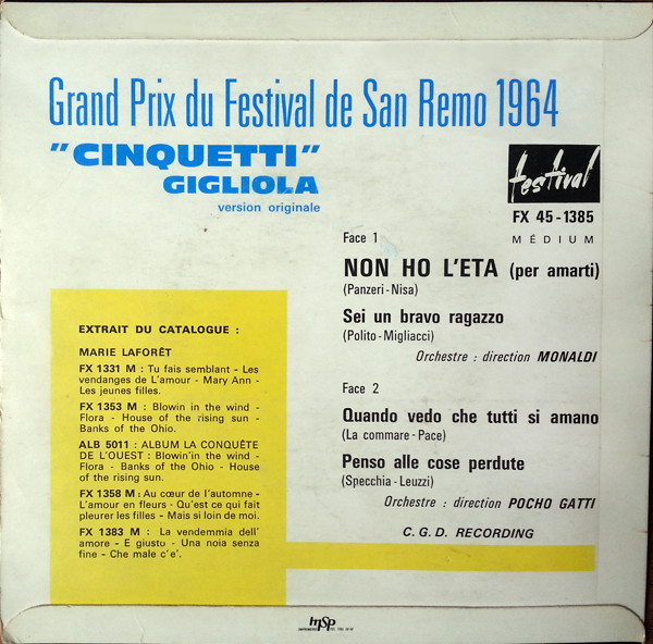 Gigliola Cinquetti - Non Ho L'Eta (Version Originale) | Disques Festival (FX 1385 M) - 2