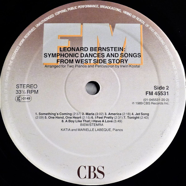 Leonard Bernstein , Katia Et Marielle Labèque - West Side Story - Symphonic Dances And Songs | CBS (FM 45531) - 4