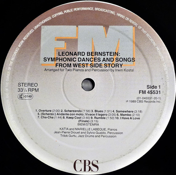 Leonard Bernstein , Katia Et Marielle Labèque - West Side Story - Symphonic Dances And Songs | CBS (FM 45531) - 3