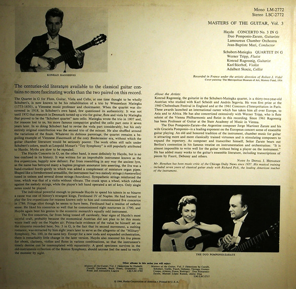 Joseph Haydn / Franz Schubert - Duo Pomponio-Zarate , Orchestre De Chambre Des Concerts Lamoureux , Werner Tripp , Konrad Ragossnig , Karl Stierhof , Adalbert Skocic - Masters Of The Guitar, Volume 3 | RCA Victor Red Seal (LSC 2772) - 2
