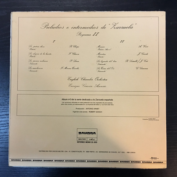 English Chamber Orchestra - Enrique Garcia Asensio - Preludios E Intermedios De Zarzuela, Programa II | Belter (ZL - 503) - 2