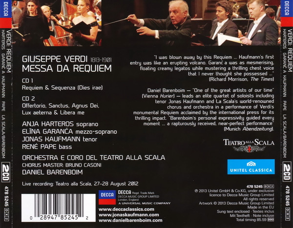 Giuseppe Verdi - Anja Harteros , Elīna Garanča , Jonas Kaufmann , René Pape , Orchestra Del Teatro Alla Scala , Daniel Barenboim - Requiem | Decca (478 5245) - 2