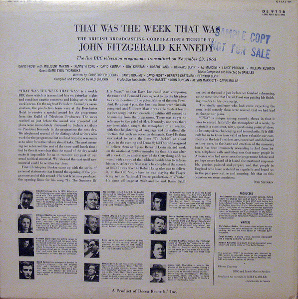 British Broadcasting Corporation - That Was The Week That Was: The British Broadcasting Corporation's Tribute To John Fitzgerald Kennedy | Decca (DL 9116) - 2