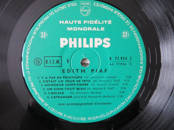 Edith Piaf - Les Grandes Chansons D'Edith Piaf | Philips (B 77.954 L) - 3