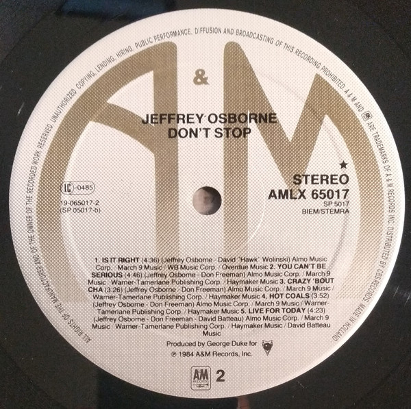 Jeffrey Osborne - Don't Stop | A&M Records (AMLX 65017) - 2