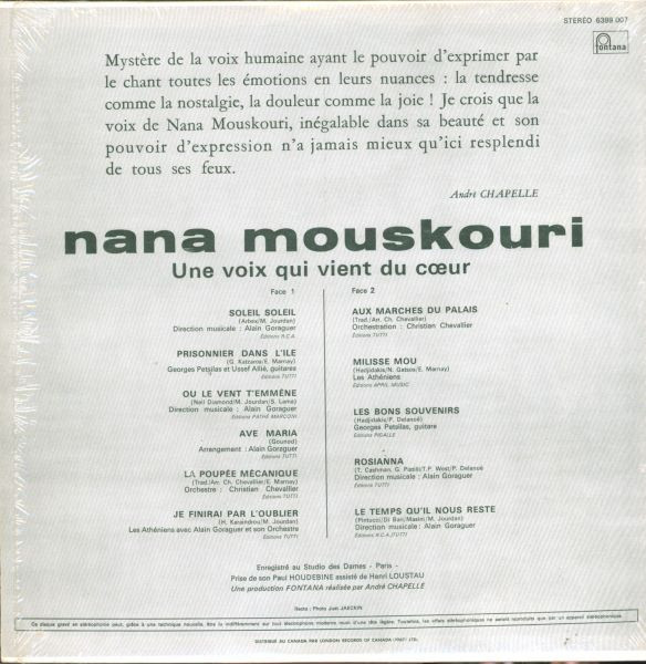 Nana Mouskouri - Une Voix Qui Vient Du Coeur [Vinyl] | Fontana (6399 007) - 2