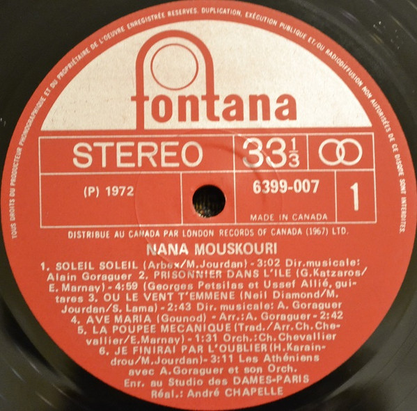 Nana Mouskouri - Une Voix Qui Vient Du Coeur [Vinyl] | Fontana (6399 007) - 3