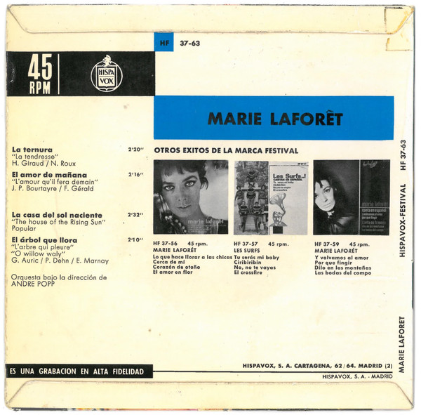 Marie Laforêt - La Ternura | Disques Festival (HF 37-63) - 2