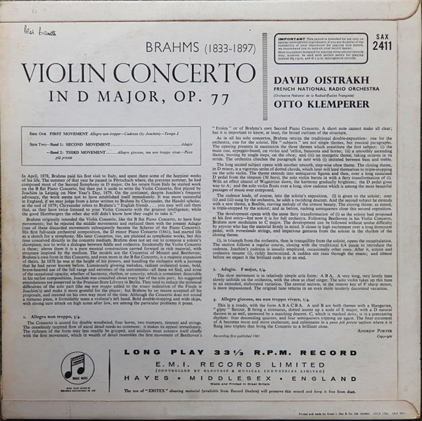 Johannes Brahms - Orchestre National De France , David Oistrach , Otto Klemperer - Brahms Violin Concerto | Columbia (SAX 2411) - 2