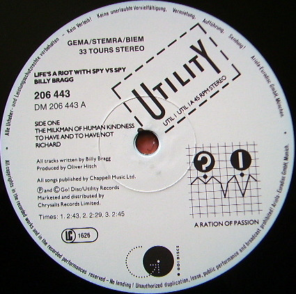 Billy Bragg - Life's A Riot With Spy Vs Spy | Utility (206 443) - 3