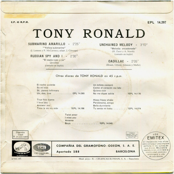 Tony Ronald - Submarino Amarillo / Russian Spy And I / Unchained Melody / Cadillac | La Voz De Su amo (EPL 14.297) - 2