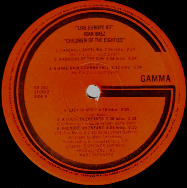 Joan Baez - Live Europe 83 - Children Of The Eighties | Gamma (GS 262) - 3 Joan Baez - Live Europe 83 - Children Of The Eighties | Gamma (GS 262) - 3
