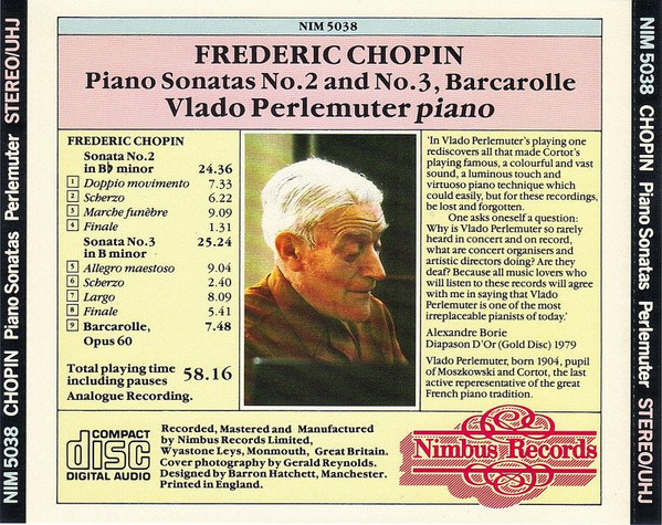 Frédéric Chopin , Vlado Perlemuter - Piano Sonatas No.2 And No.3, Barcarolle | Nimbus Records (NIM 5038) - 3